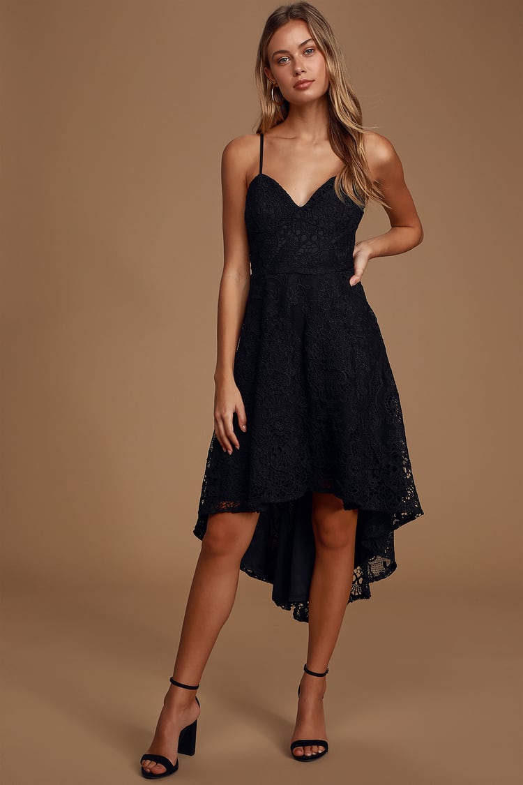 Lovely Black Dress - Crochet Lace Midi Dress - High-Low Dress - Lulus