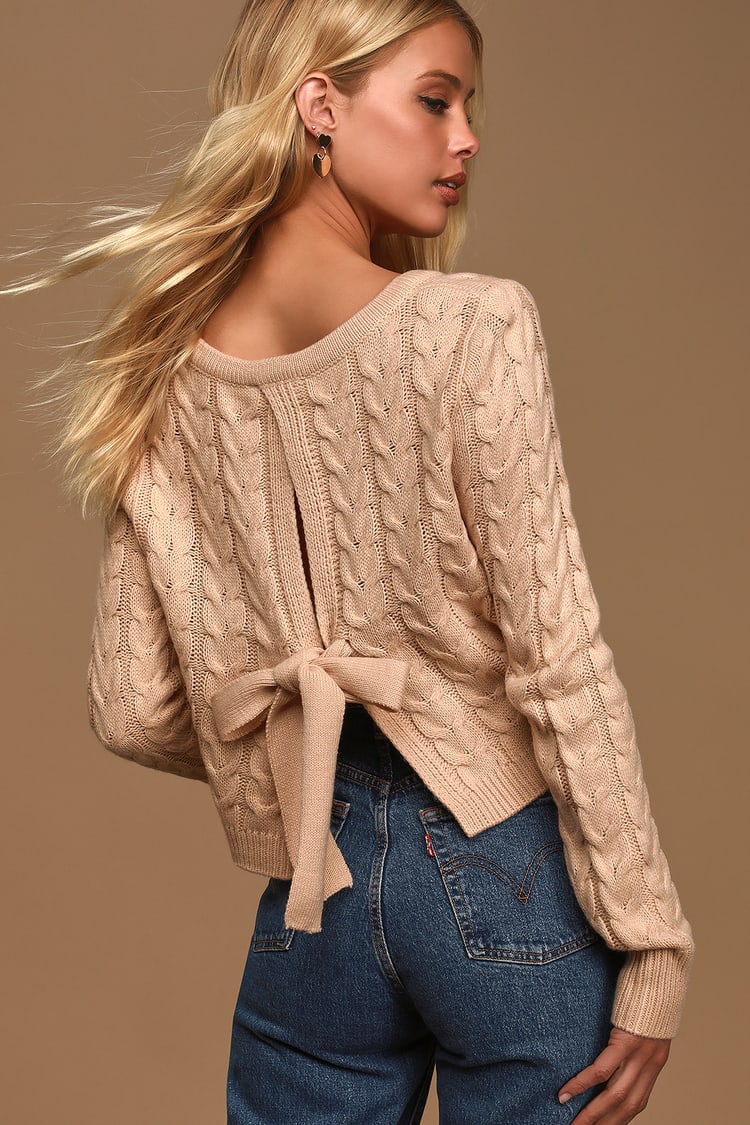 Cute Blush Sweater - Cable Knit Sweater - Tie-Back Sweater - Lulus