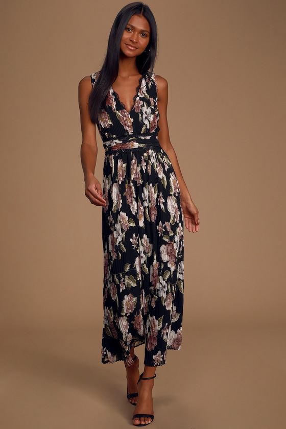 black floral pleated midi dress