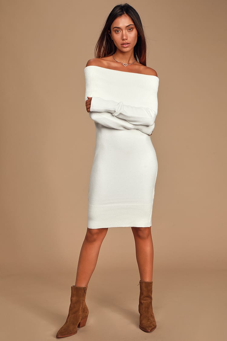 Chic White Dress - Sweater Dress - Off-the-Shoulder Dress - Dress - Lulus