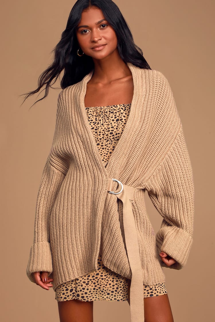 Cute Taupe Cardigan - Belted Cardigan Sweater - Chunky Knit Cardi - Lulus