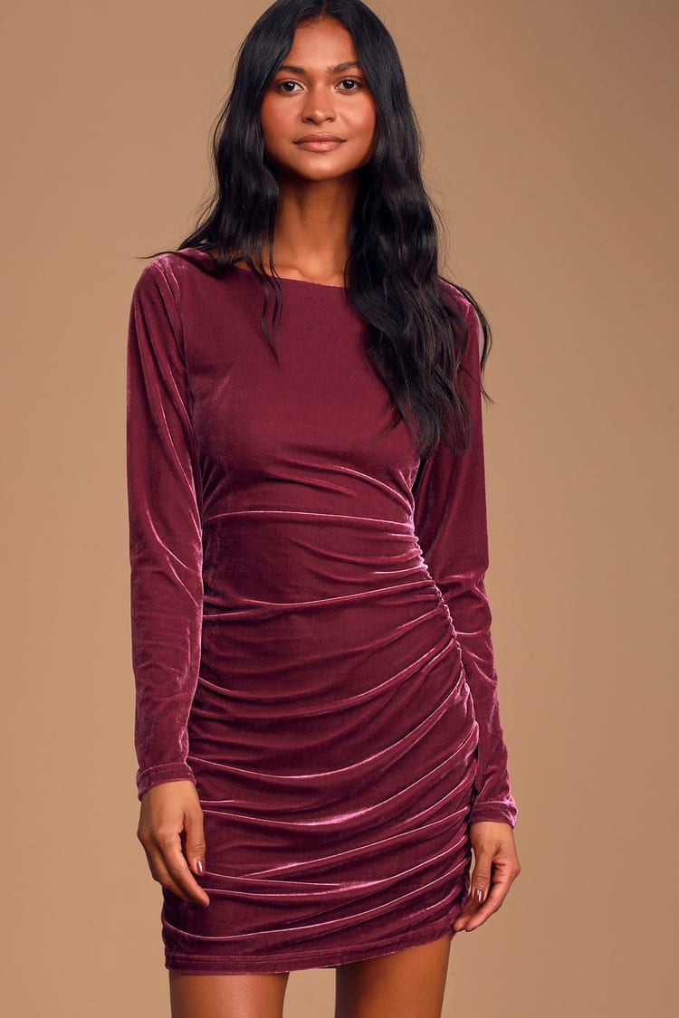 Mauve Purple Dress - Velvet Bodycon Dress - Ruched Mini Dress - Lulus