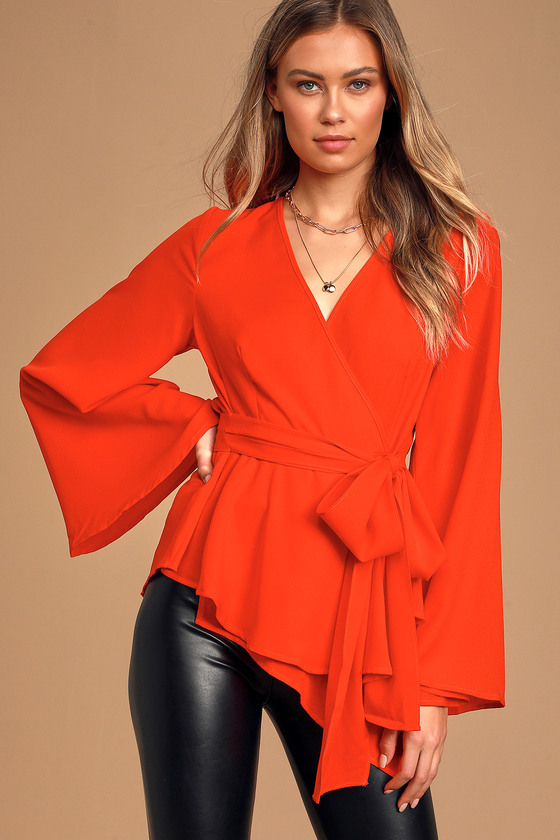 Chic Red Blouse - Wrapping Surplice Top - Bell Sleeve Top