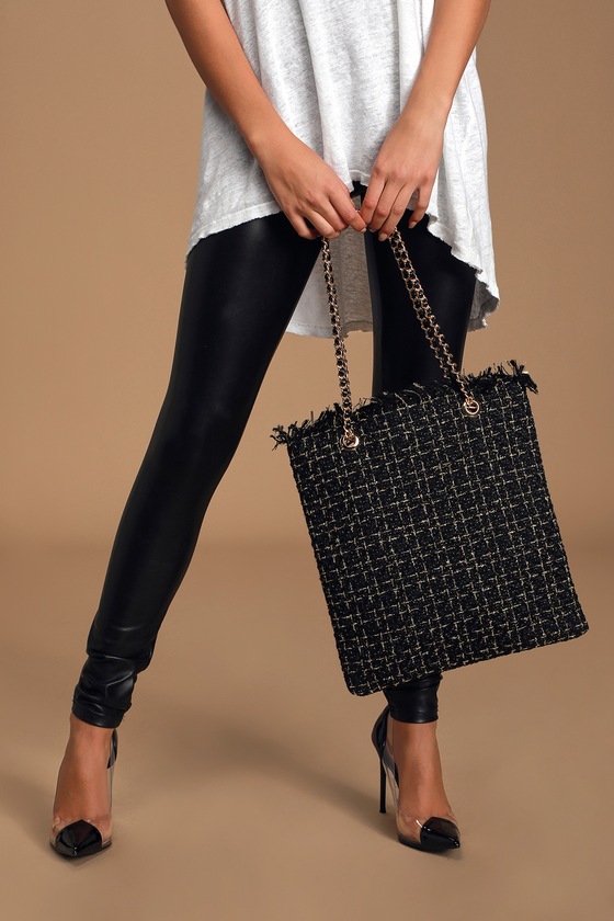 Black Tweed Bag - Lurex Chain Strap Bag - Chain Shoulder Bag - Lulus