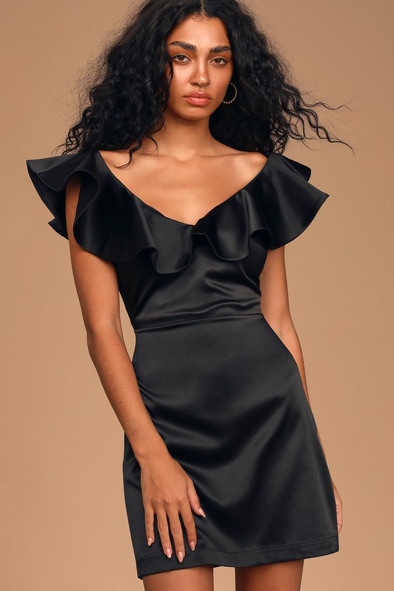 Sexy Black Dress Lbd Ruffled Mini Dress Satin Dress Lulus