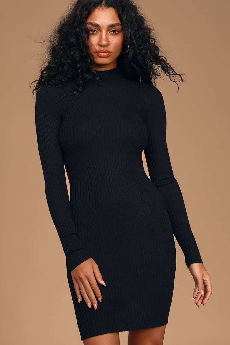 Cute Black Dress - Sweater Dress - Mock Neck Bodycon - Lulus
