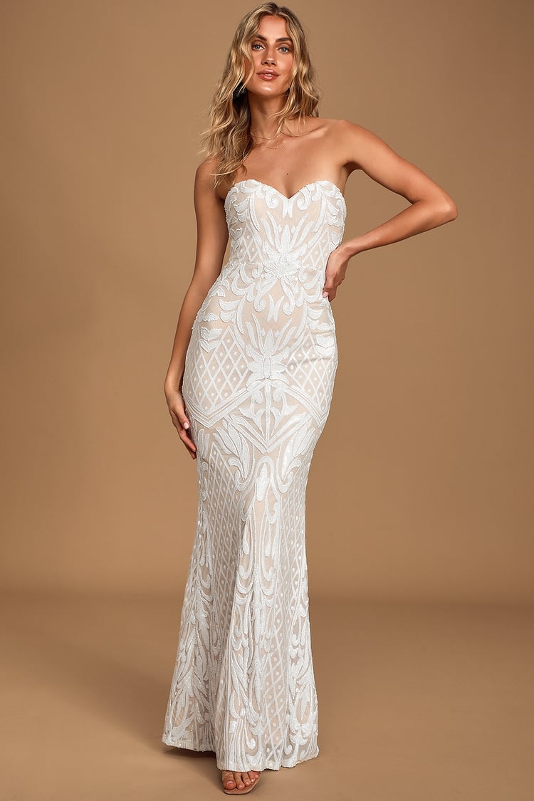 White Sequin Dress - Strapless Gown - Sequin Maxi Dress - Lulus