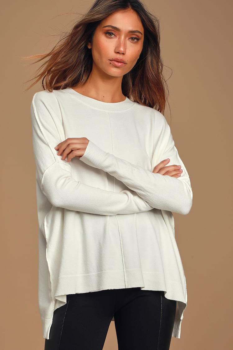 Cute White Sweater - Knit Sweater Top - Oversized Long Sleeve Top - Lulus