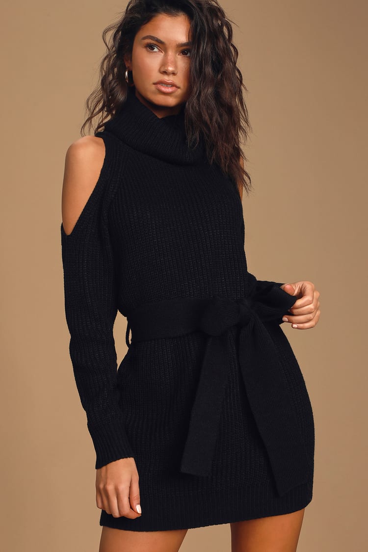 Cute Black Sweater Dress - Turtleneck Dress - Cold-Shoulder Dress - Lulus