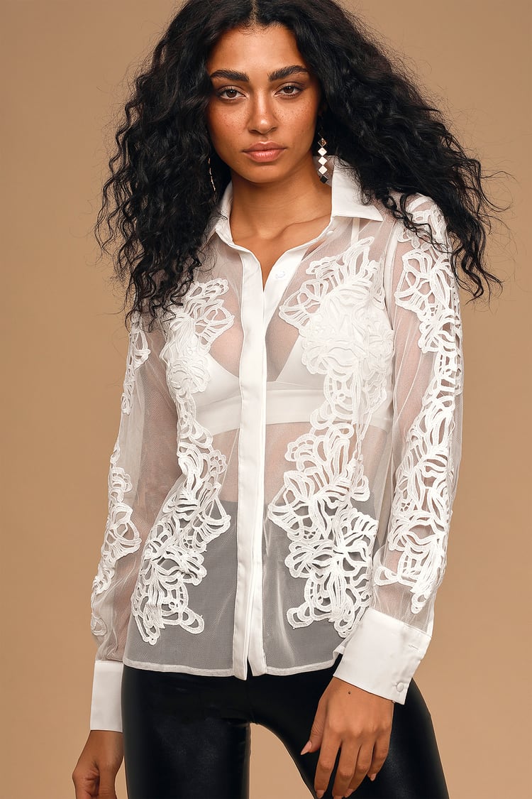 Sheer or There White Button-Up Long Sleeve Top