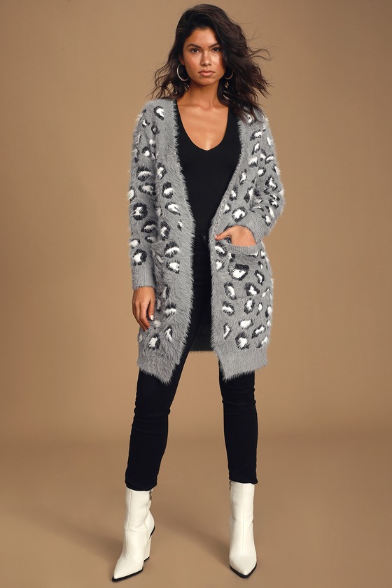 Cute Leopard Cardigan - Eyelash Knit Cardigan - Grey Cardigan - Lulus
