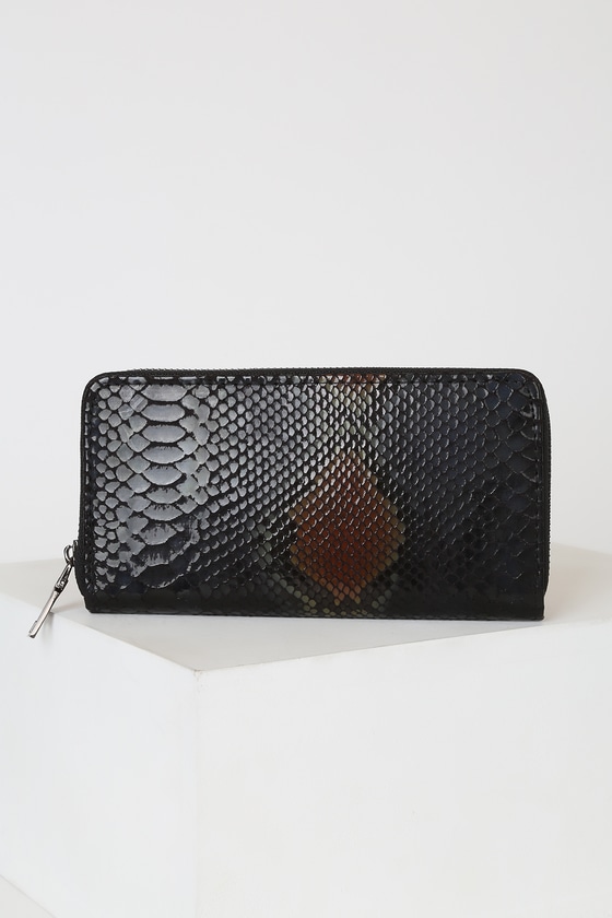 Trendy Black Wallet - Snake Embossed Wallet - Zip Closure Wallet