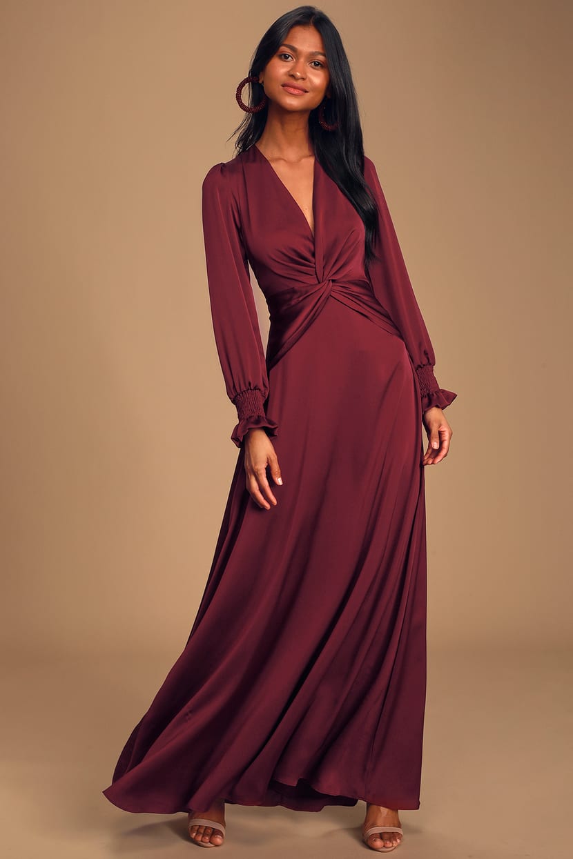 Lovely Burgundy Dress - Maxi Dress - Satin Twist-Front Dress - Lulus