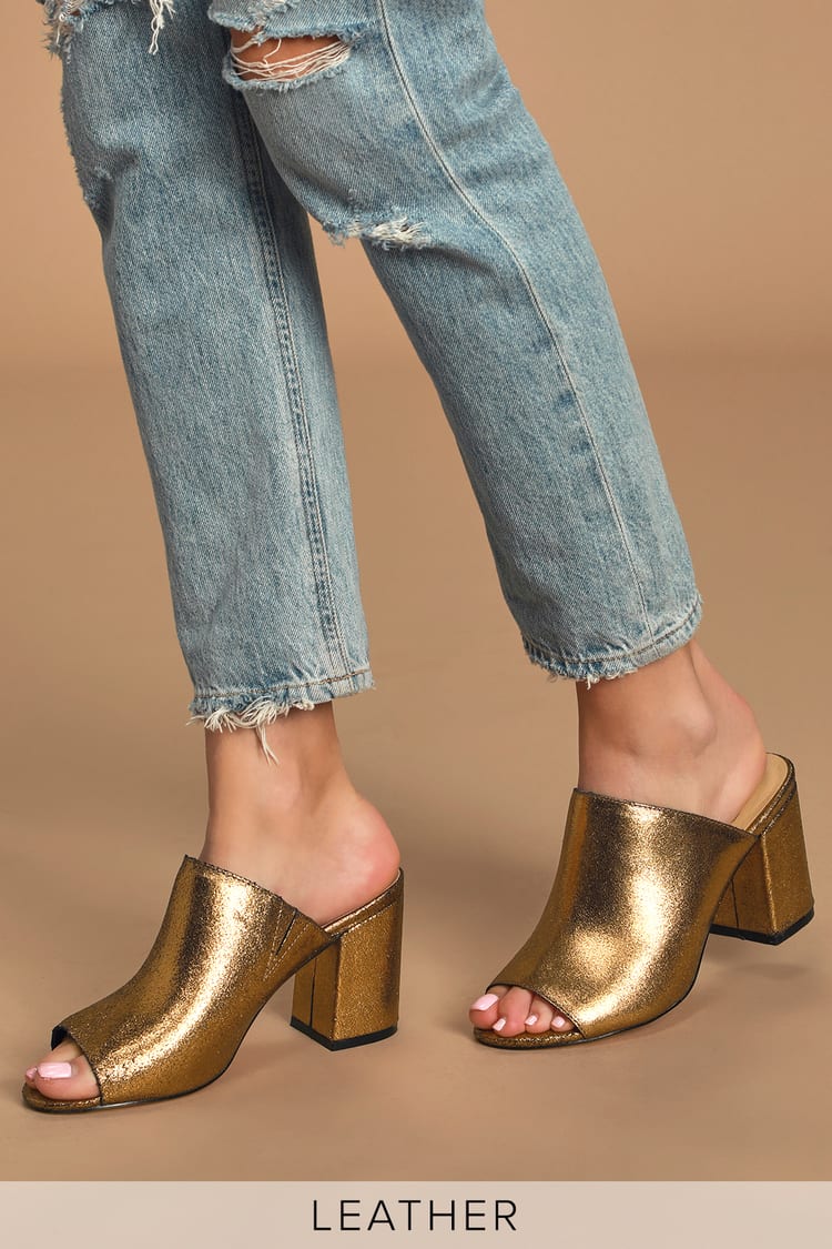 Sbicca Lahaina - Gold Metallic Mules - Leather Peep-Toe Heels - Lulus