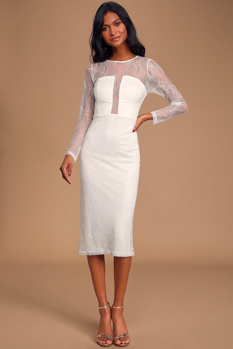 White Lace Dress - Long Sleeve Dress - Bodycon Midi Dress - Lulus
