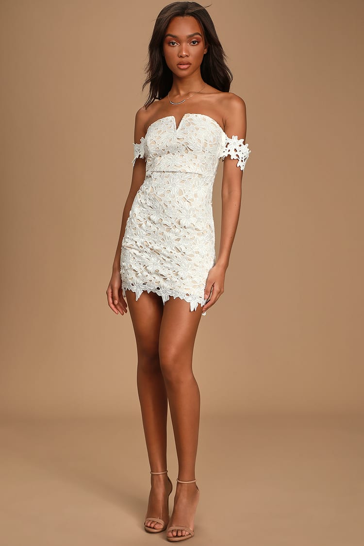Lovely White Lace Dress - Off-the-Shoulder Mini Dress - Bodycon - Lulus