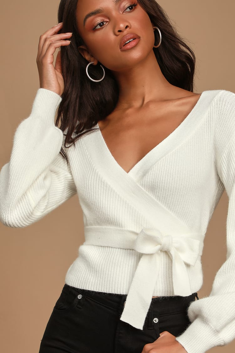 Trendy White Wrap Top - Wrap Sweater - Balloon Sleeve Sweater Top - Lulus