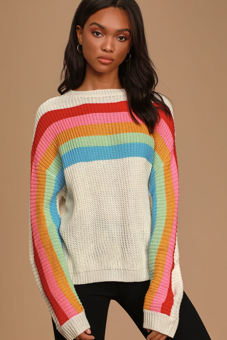 Rainbow Sweater - Cream Striped Sweater Top - Rainbow Striped Top - Lulus
