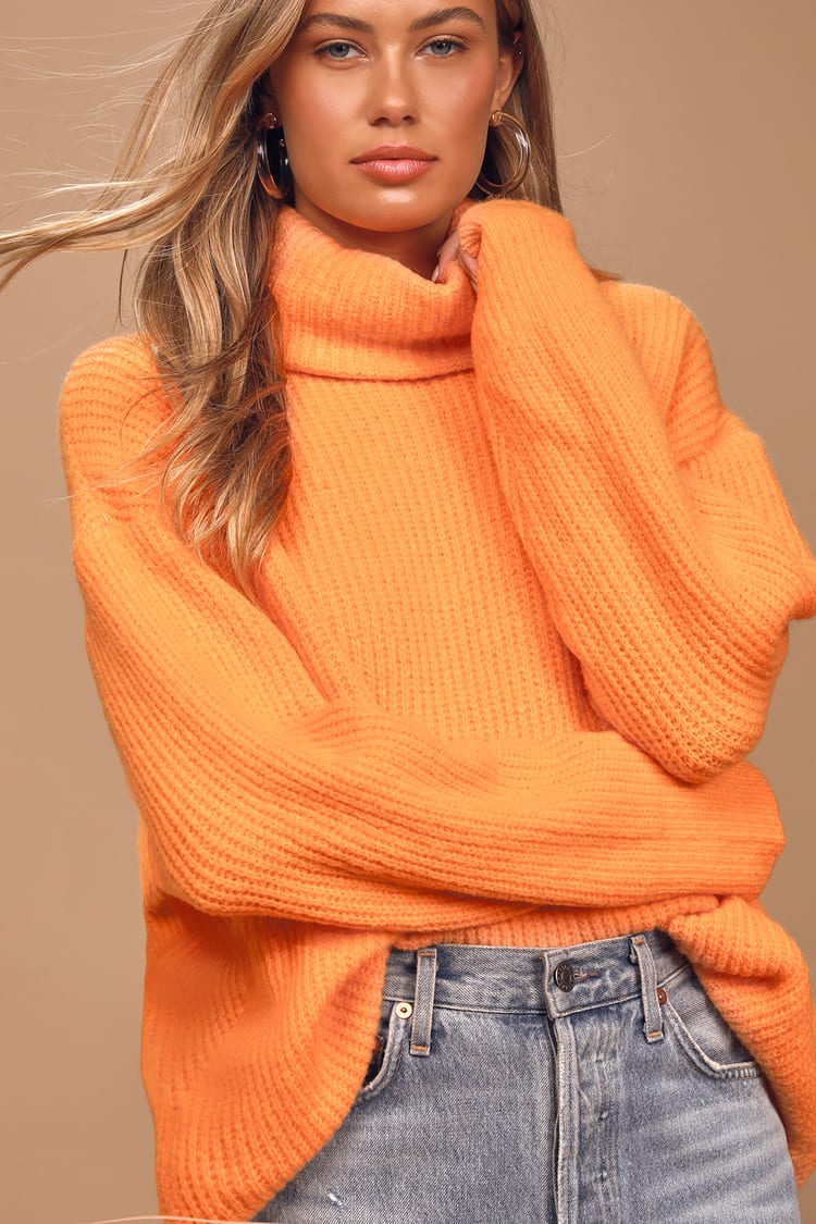 Brightly Pleased Orange Oversized Knit Turtleneck Sweater