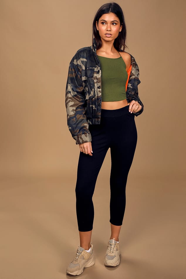 Intrigue Olive Green Lace-Up Crop Top