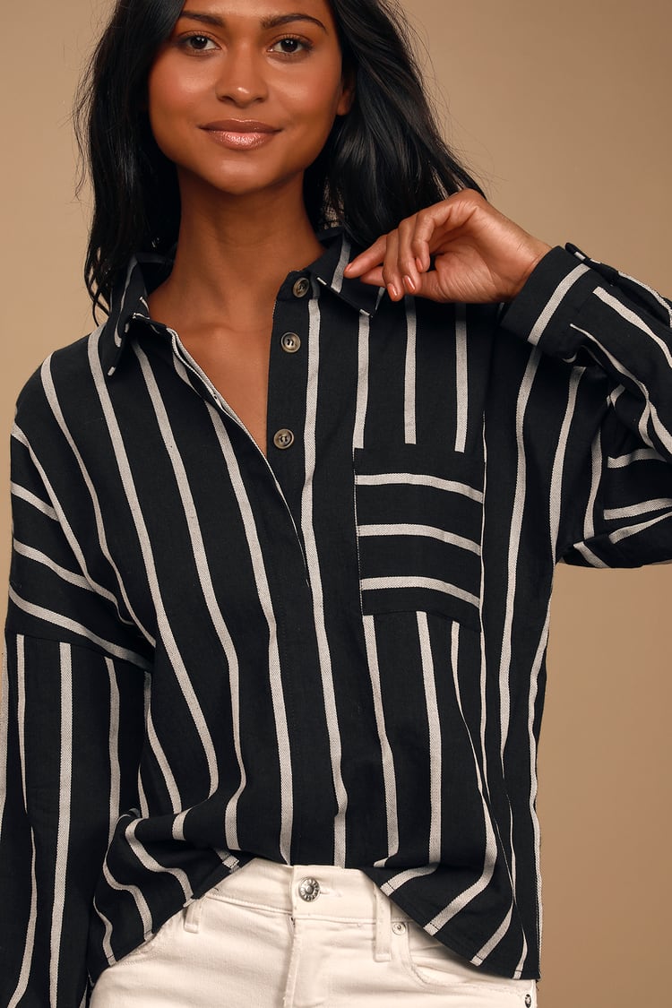 Black and White Top - Long Sleeve Top - Collared Button-Up Top - Lulus