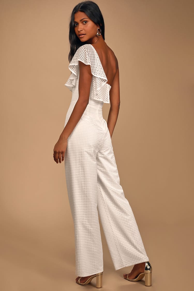 Off The Charts White Grid Print Mesh One-Shoulder Jumpsuit