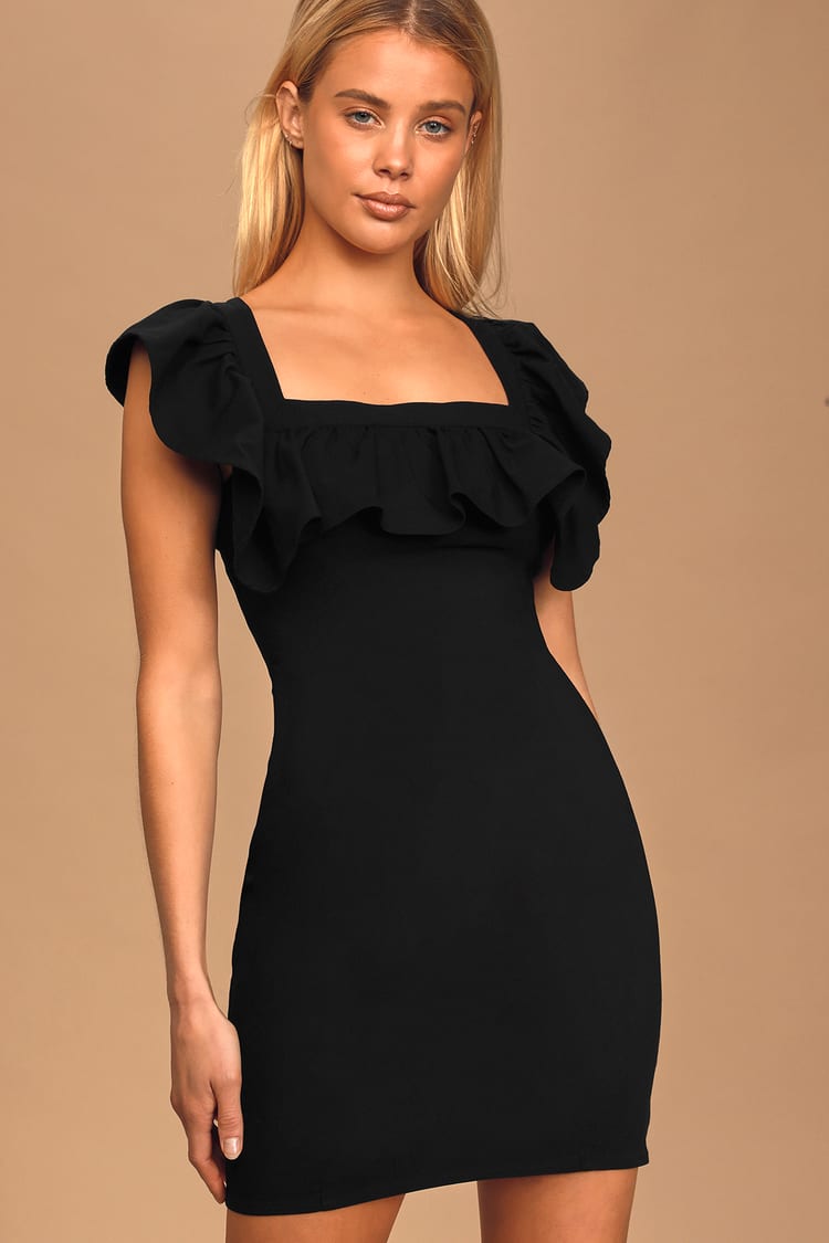 Sexy Black Bodycon - Ruffled Square Neck Dress - Mini Dress - LBD - Lulus