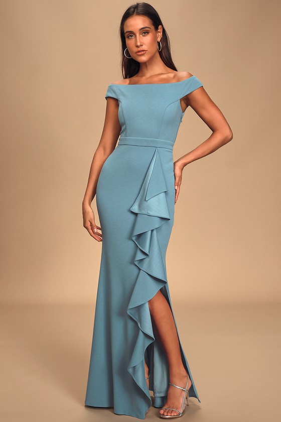 Mila Slate Blue Ruffled Off-The-Shoulder Maxi Dress