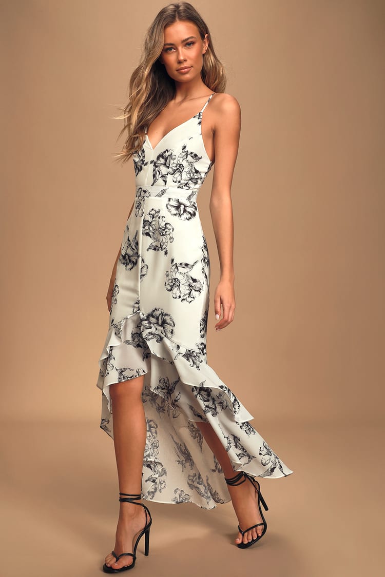 Floral Print High-Low Dress - White Floral Dress - Maxi Dress - Lulus