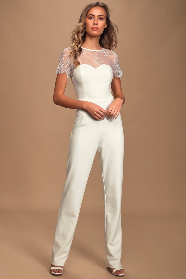 Pretty White Jumpsuit - Short Sleeve Jumpsuit - Lace Jumpsuit - Lulus