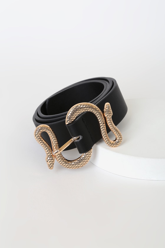 black belt with gold snake buckle