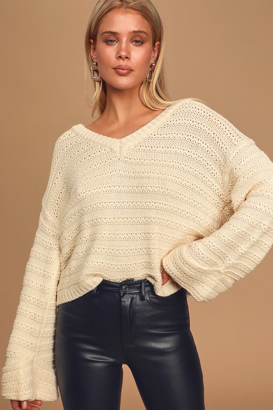 Cute Cream Sweater - Striped Knit Sweater - Bell Sleeve Sweater - Lulus