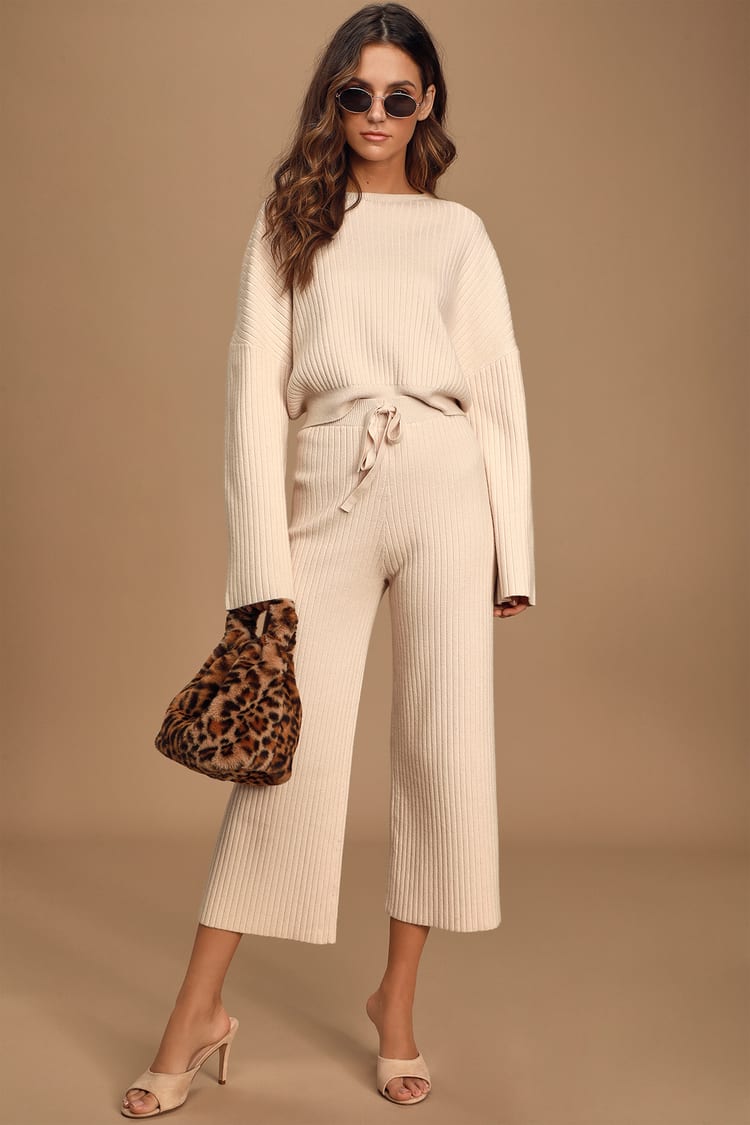 Cute Cream Pants - Cropped Sweater Pants - Ribbed Knit Culottes - Lulus