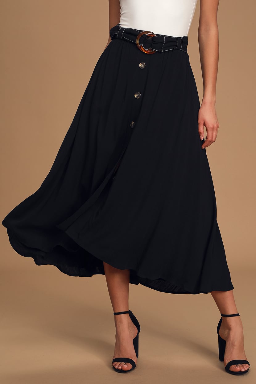 Black Belted High-Low Midi Skirt - Tie-Waist Skirt - Button Skirt - Lulus