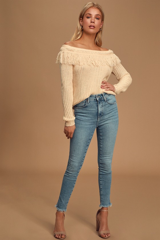 Off the clearance shoulder fringe sweater