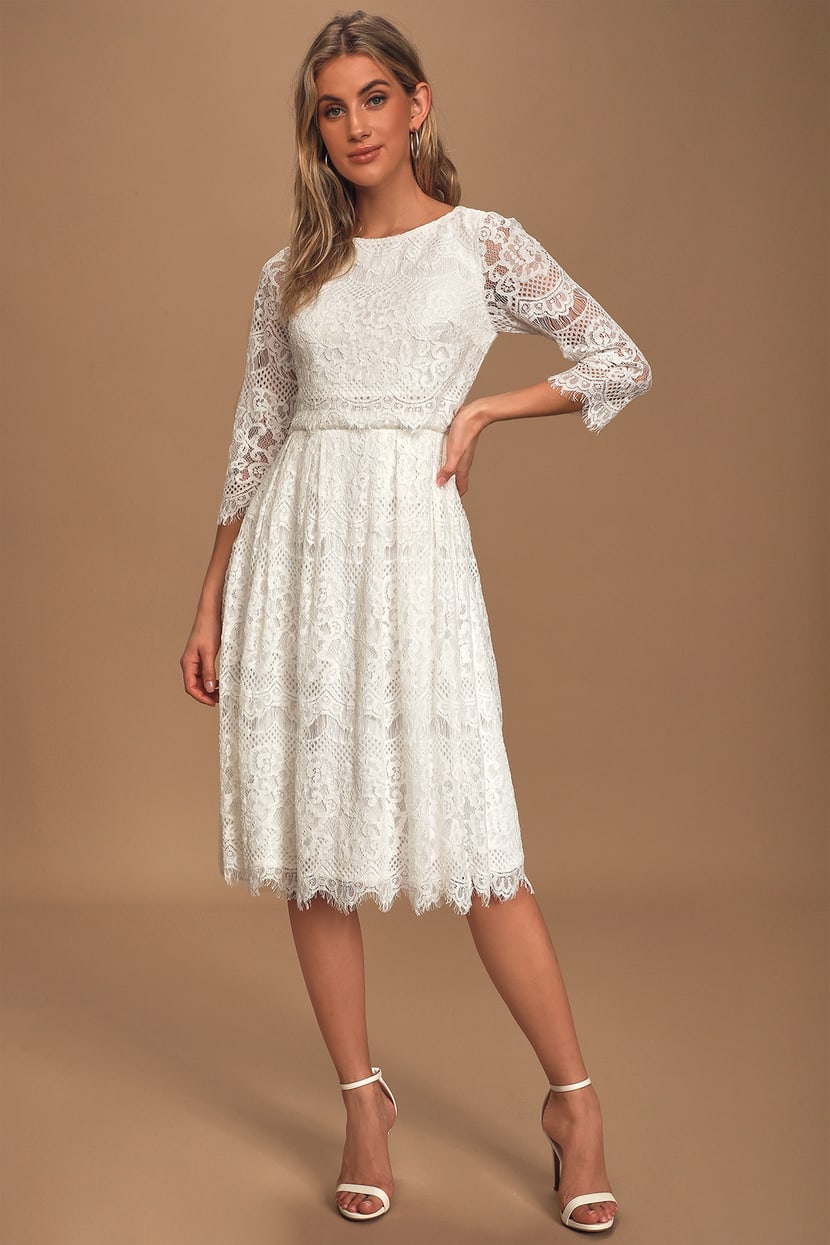 Glam White Lace Dress - White Lace Midi - Long Sleeve Midi Dress - Lulus