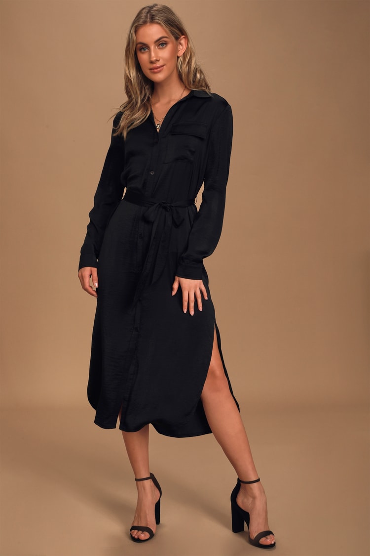 Black Satin Midi Dress - Satin Shirt Dress - Black Midi Dress - Lulus