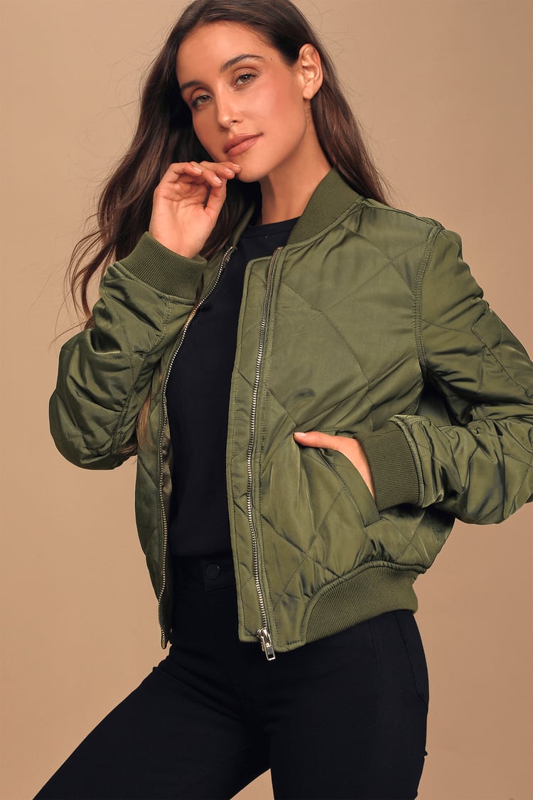 Cute Olive Green Bomber - Quilted Bomber Jacket - Green Jacket - Lulus