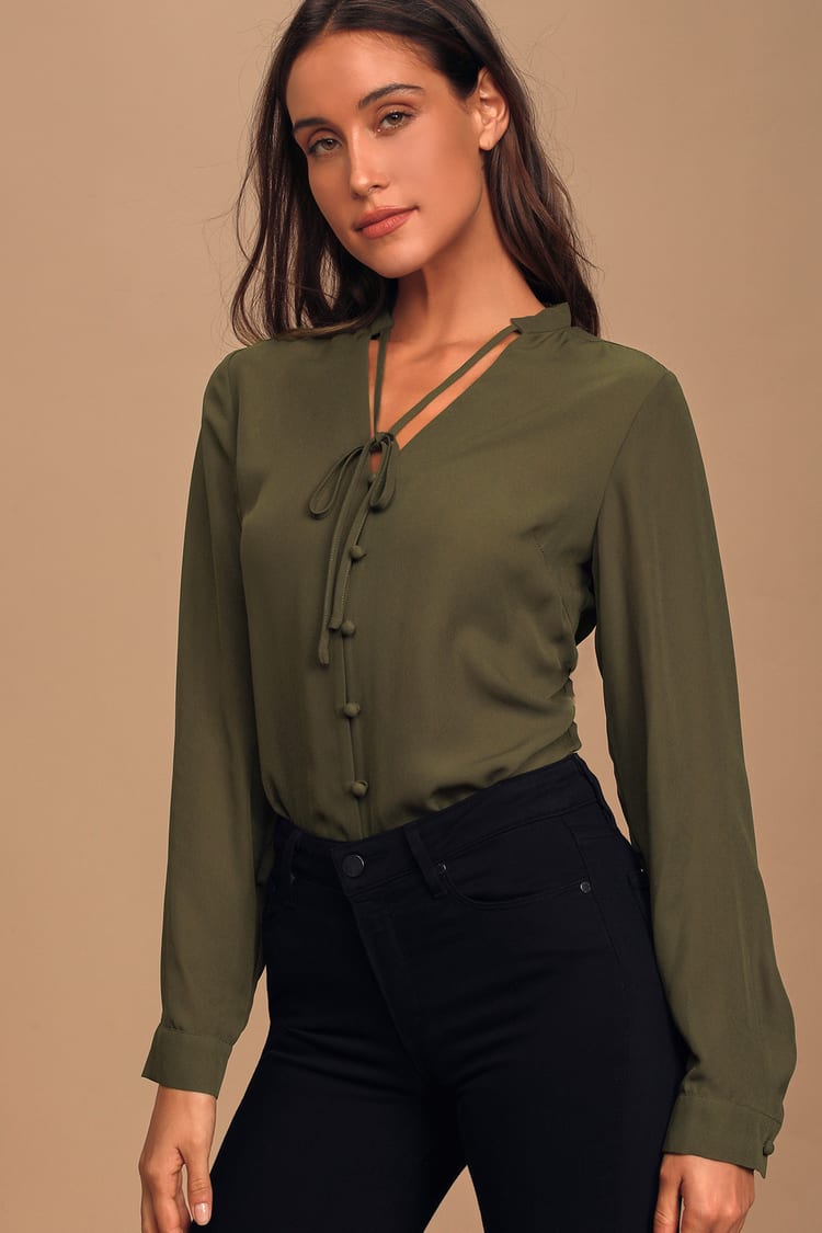 Pretty Olive Green Blouse - Button-Up Blouse - Long Sleeve Blouse - Lulus