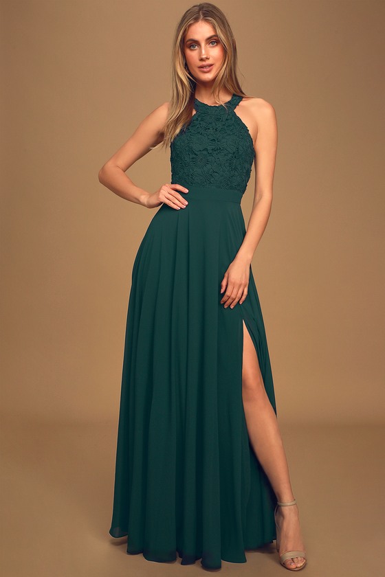Elegant Emerald Green Maxi Dress - Lace Dress - Halter Maxi Dress - Lulus