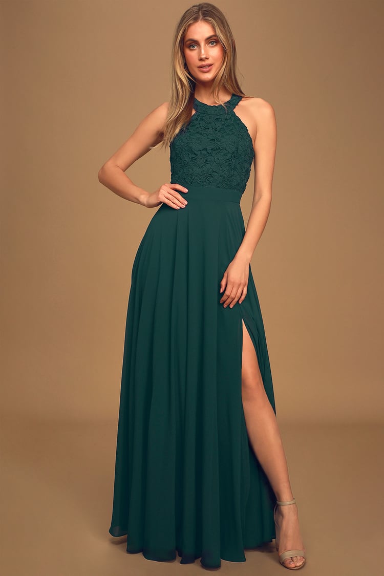 Elegant Emerald Green Maxi Dress - Lace Dress - Halter Maxi Dress - Lulus
