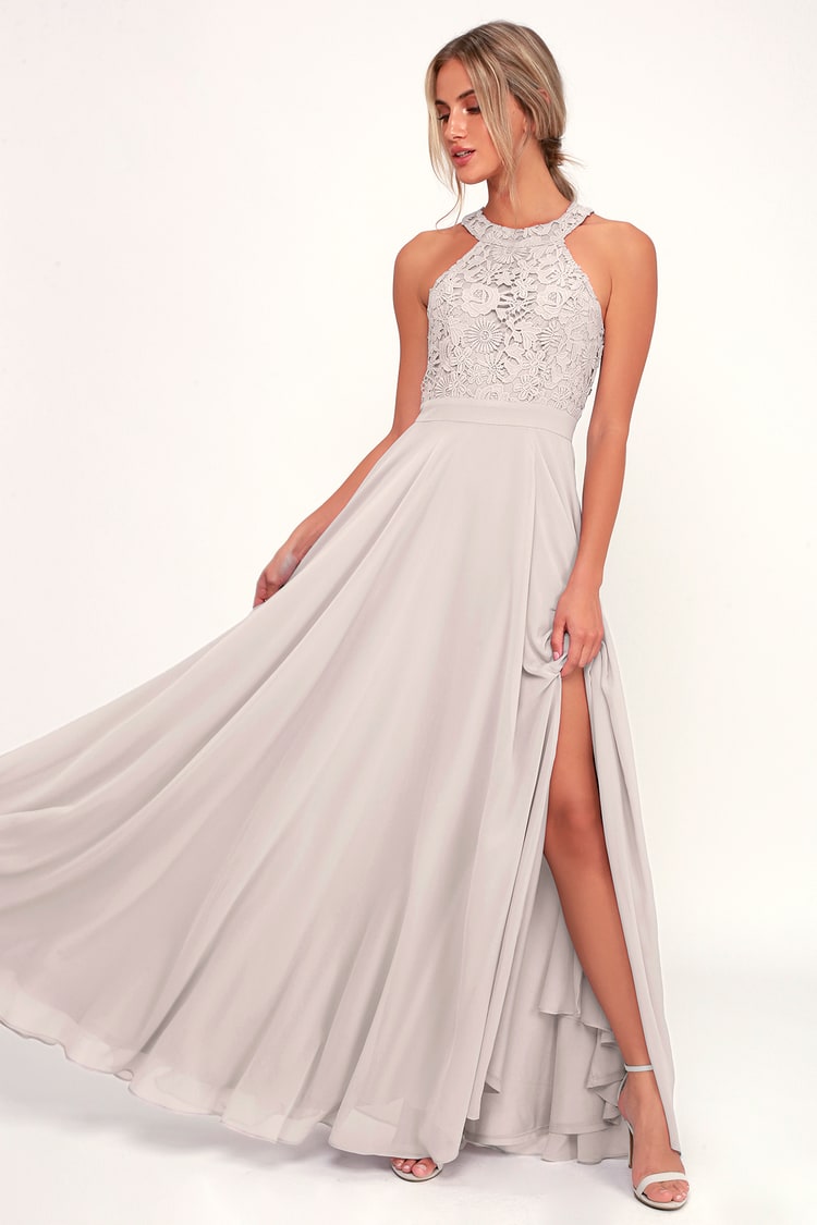 Elegant Light Grey Maxi Dress - Lace Dress - Halter Maxi Dress - Lulus