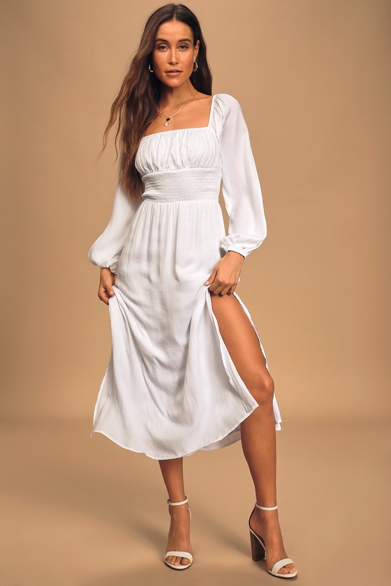 white smock dress long sleeve