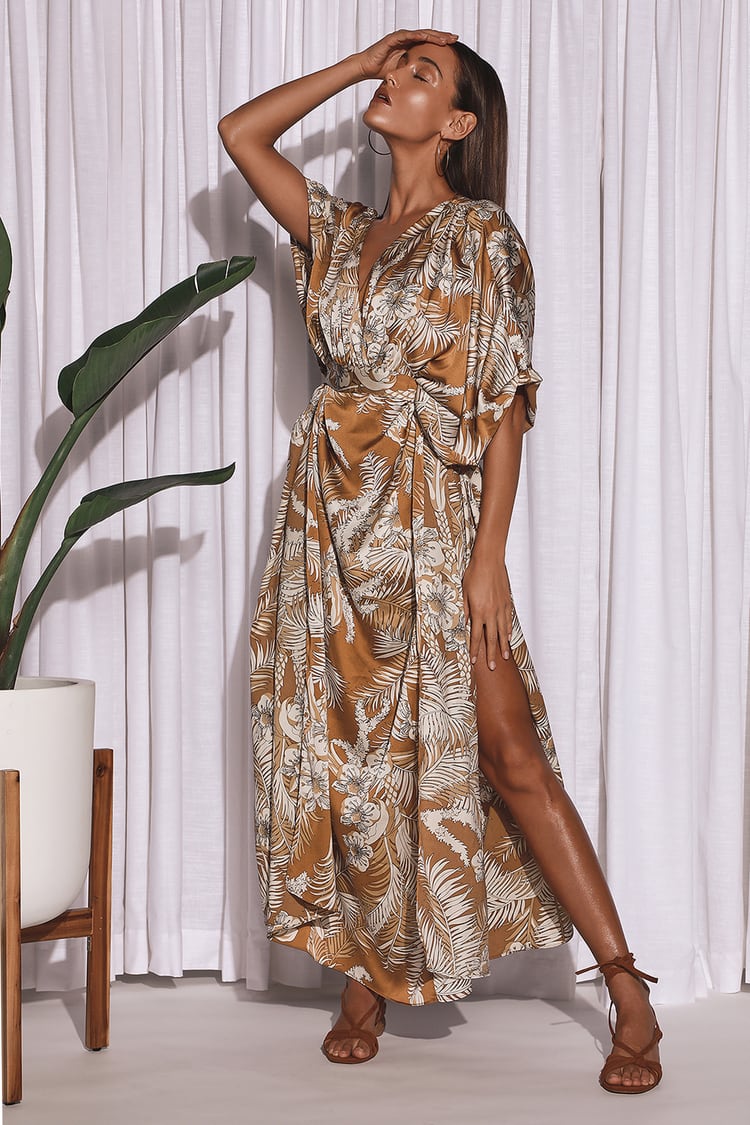 Tan Maxi Dress - Tropical Print Dress - Kimono Sleeve Dress - Lulus