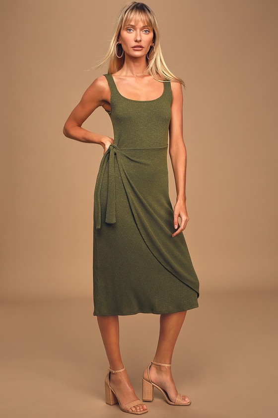 Love Me More Olive Green Ribbed Sleeveless Side Tie Midi Dress