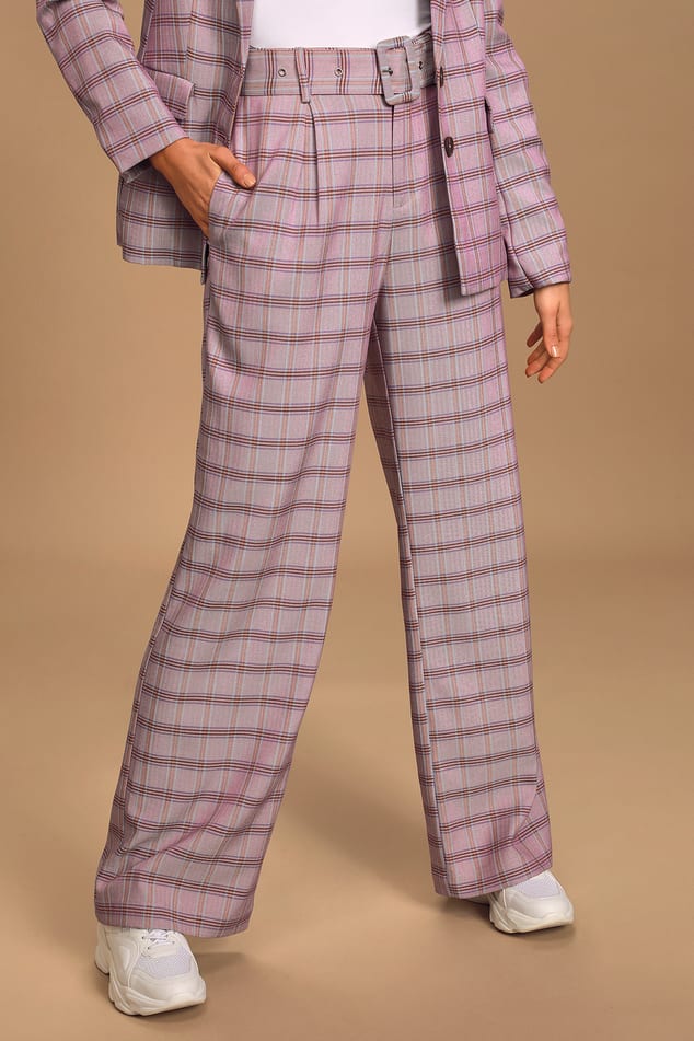 Born To Rule Purple Plaid Belted Wide-Leg Pants