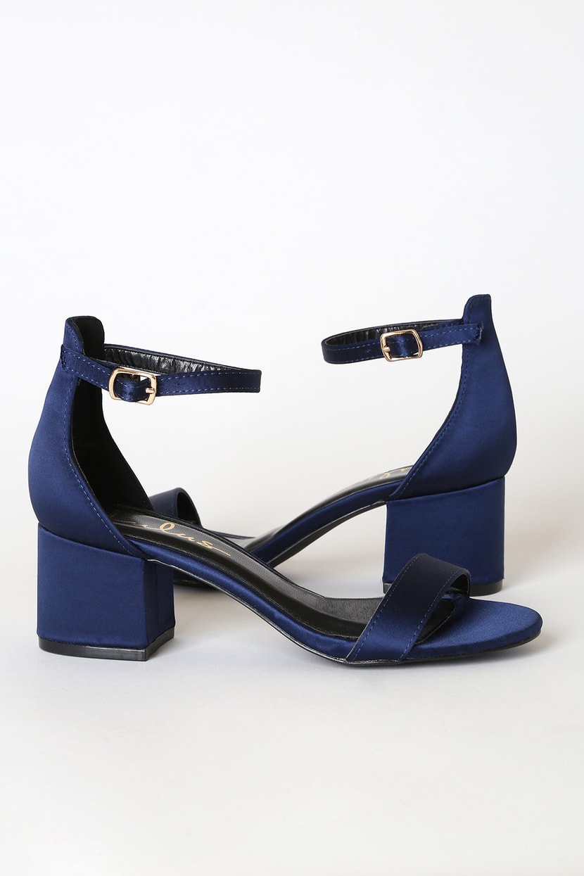 Navy Blue Satin Sandals - Single Sole Heels - Block Heel Sandals - Lulus