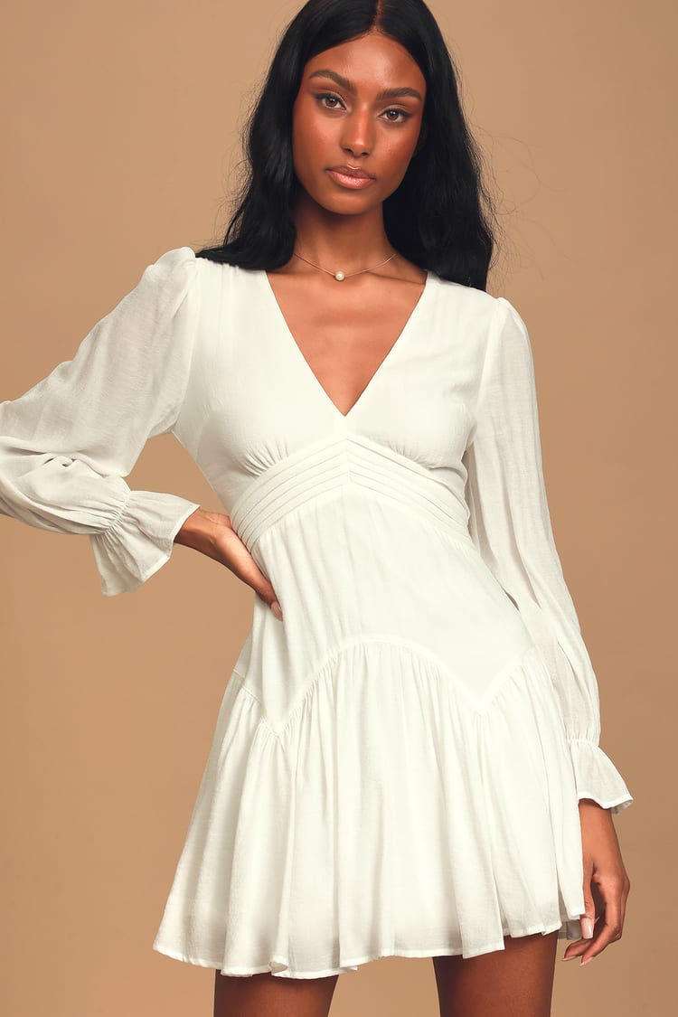 Lovely White Dress - Long Sleeve Dress - Ruffled Mini Dress - Lulus