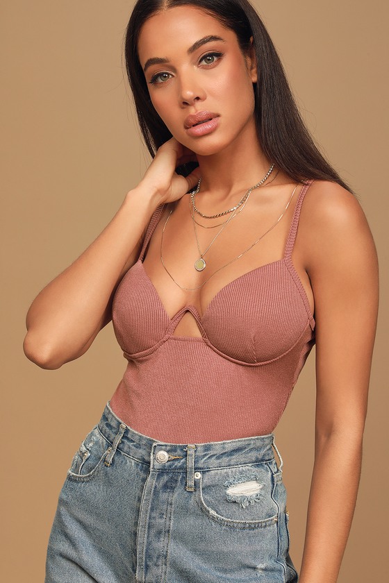 Last Call Dusty Mauve Ribbed Backless Bodysuit 