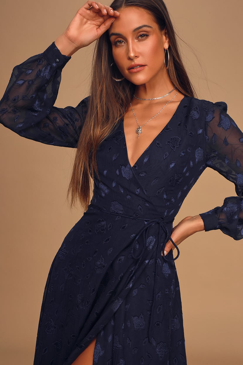 Cute Navy Blue Dress - Wrap Midi Dress - Long Sleeve Wrap Dress - Lulus
